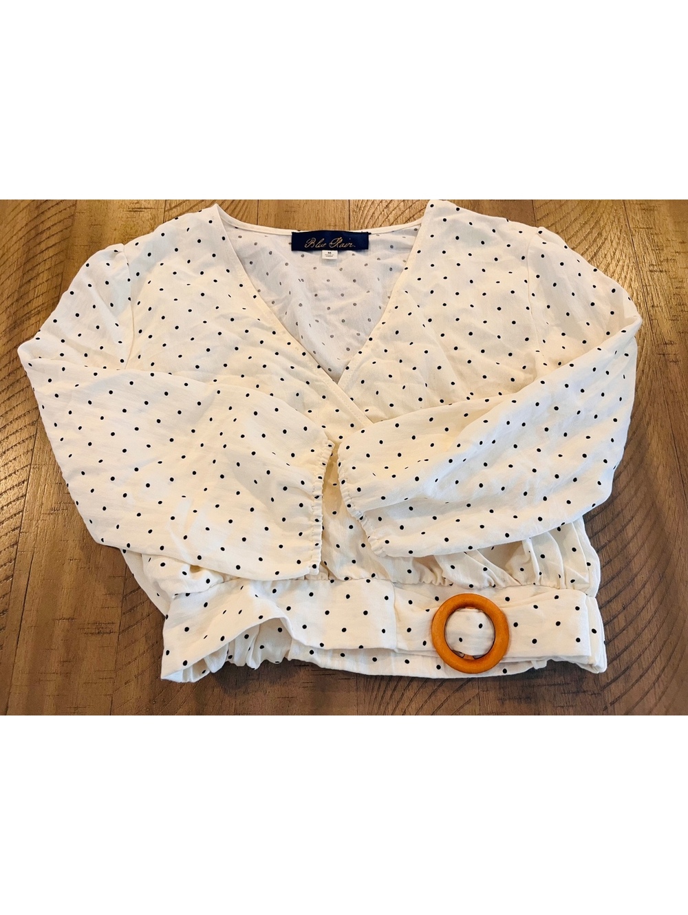 Blue Rain Women's Long Sleeve Black & Ivory V-Neck Front Shirt Polka Dot Size M